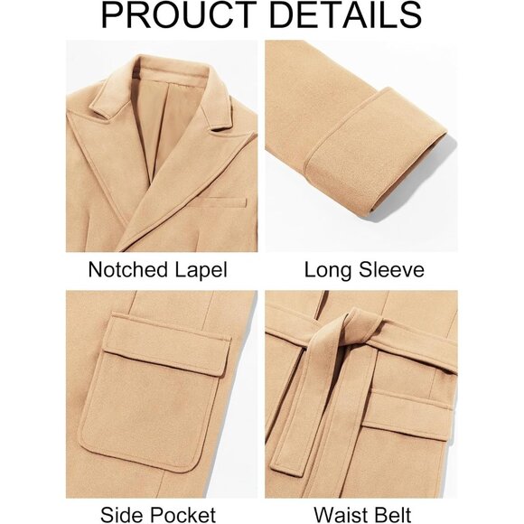 💫 Men Cream Long Casual Trench Coat Notched Collar Warm Winter Pockets Jackets - Picture 5 of 5